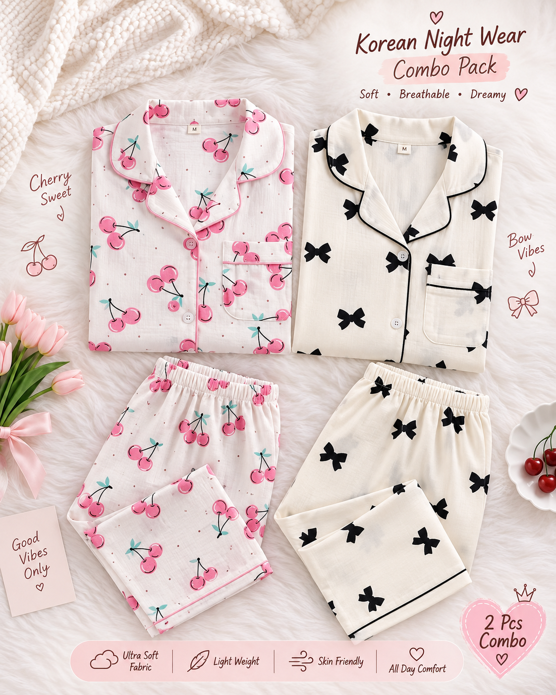 Korean Aesthetic Floral Cotton Night Suit Set for Women