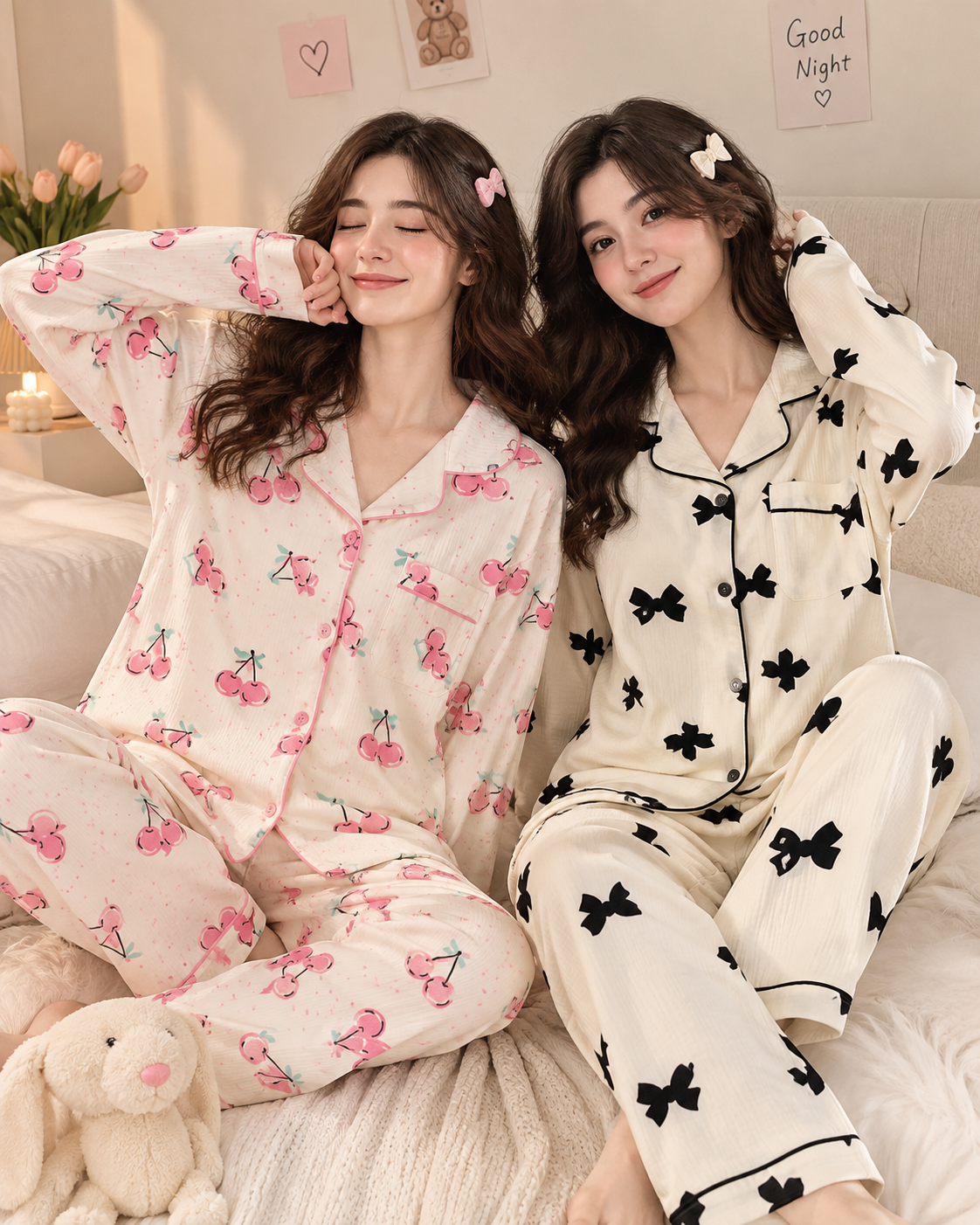 Korean Aesthetic Floral Cotton Night Suit Set for Women