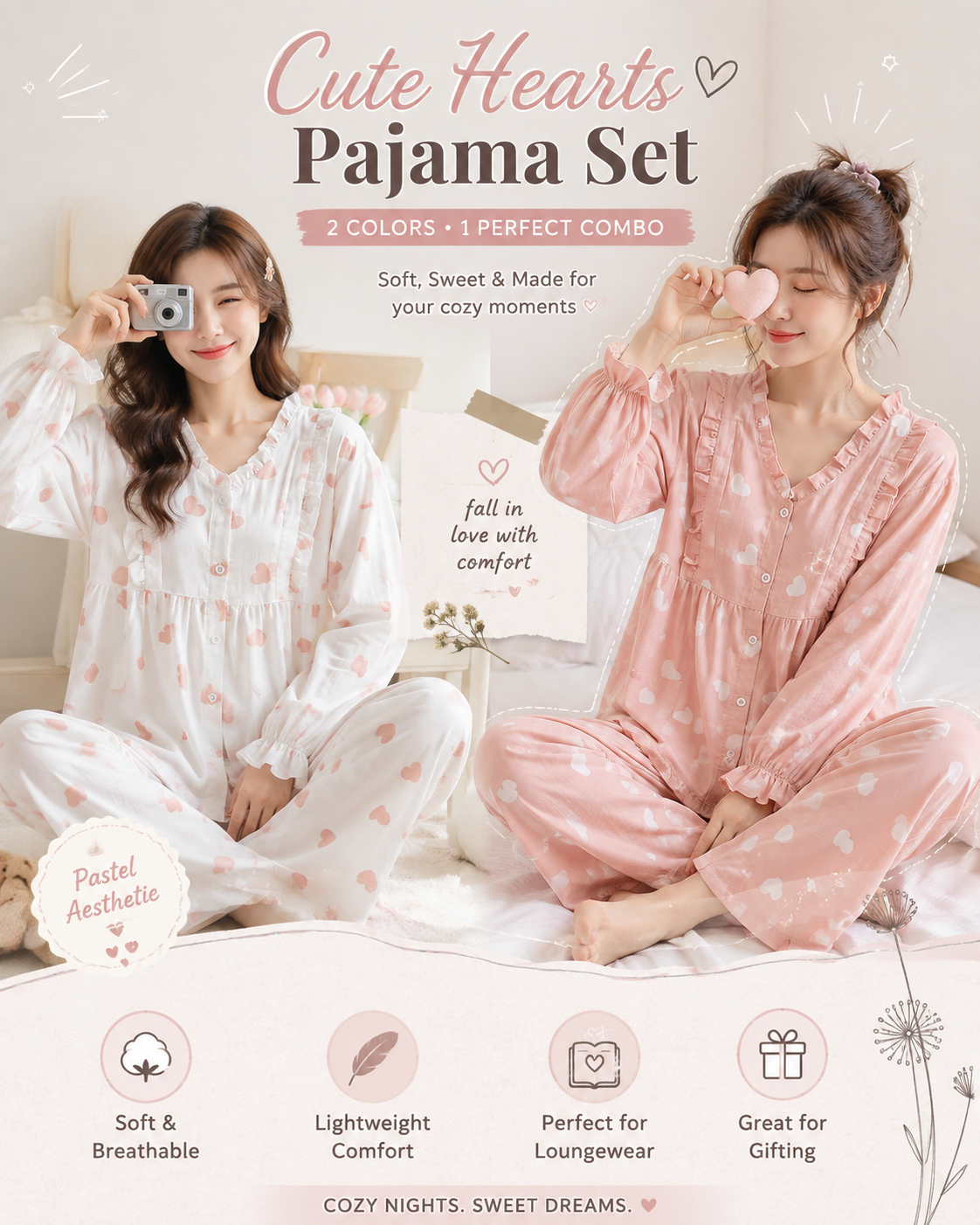 Aesthetic Korean Nightwear 2-Piece Combo for Women