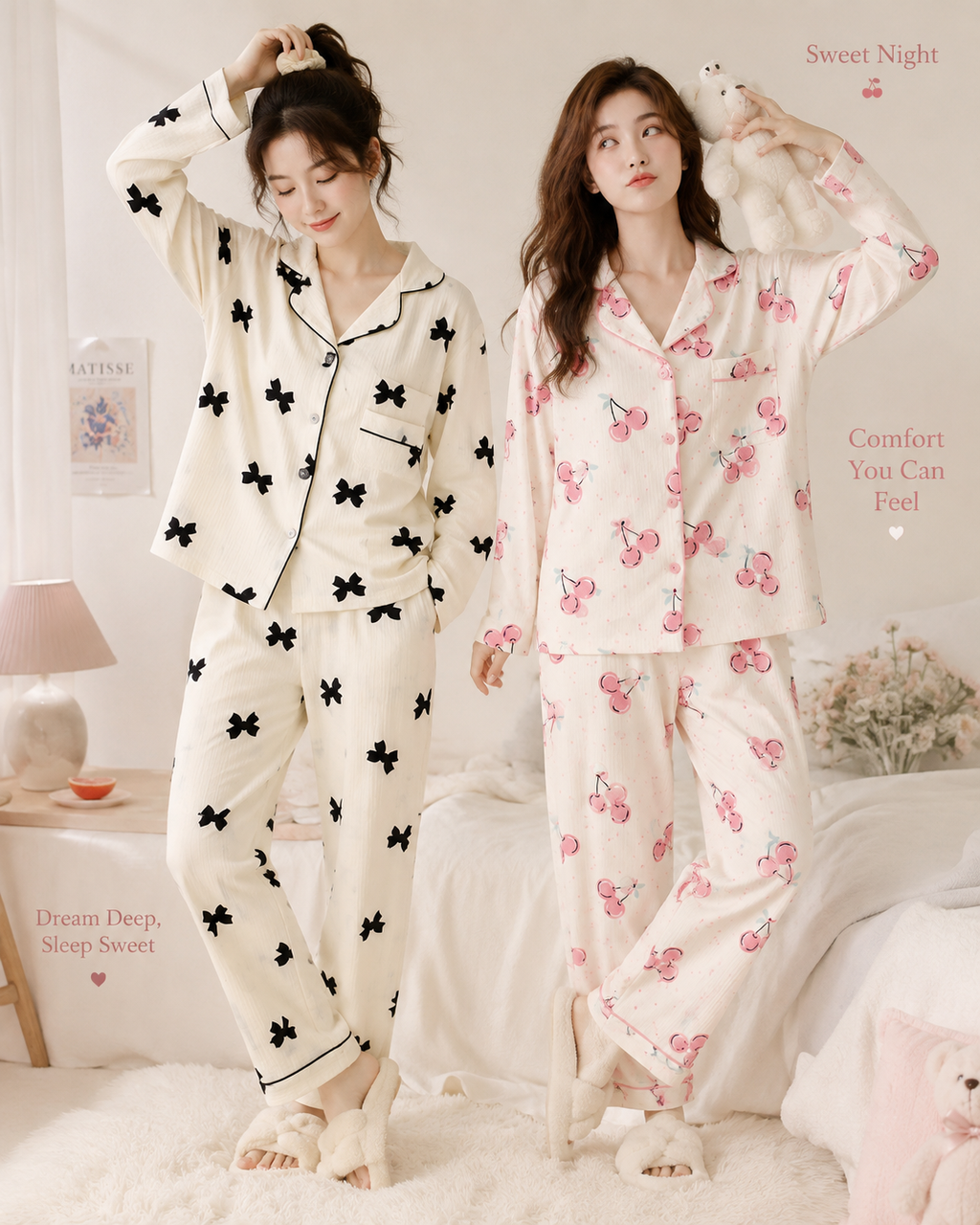 Korean Aesthetic Floral Cotton Night Suit Set for Women
