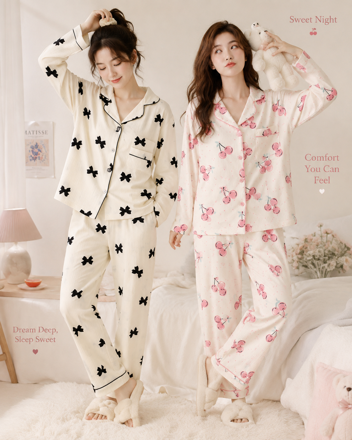 Korean Aesthetic Floral Cotton Night Suit Set for Women