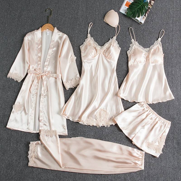 Luxury 6-Piece Satin Nightwear Set with Lace Trim – Robe, Nighty, Camisole, Shorts & Pyjama