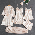 Luxury 6-Piece Satin Nightwear Set with Lace Trim – Robe, Nighty, Camisole, Shorts & Pyjama