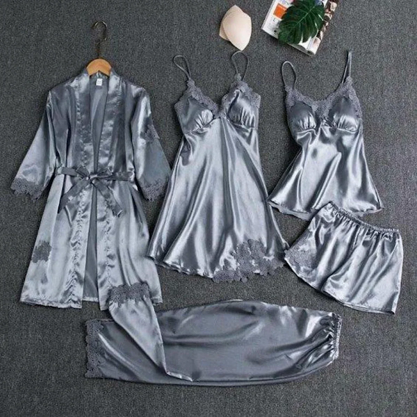 Luxury 6-Piece Satin Nightwear Set with Lace Trim – Robe, Nighty, Camisole, Shorts & Pyjama