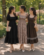 Chic Puff Sleeve Midi Dress – Elegant Casual Wear for Women