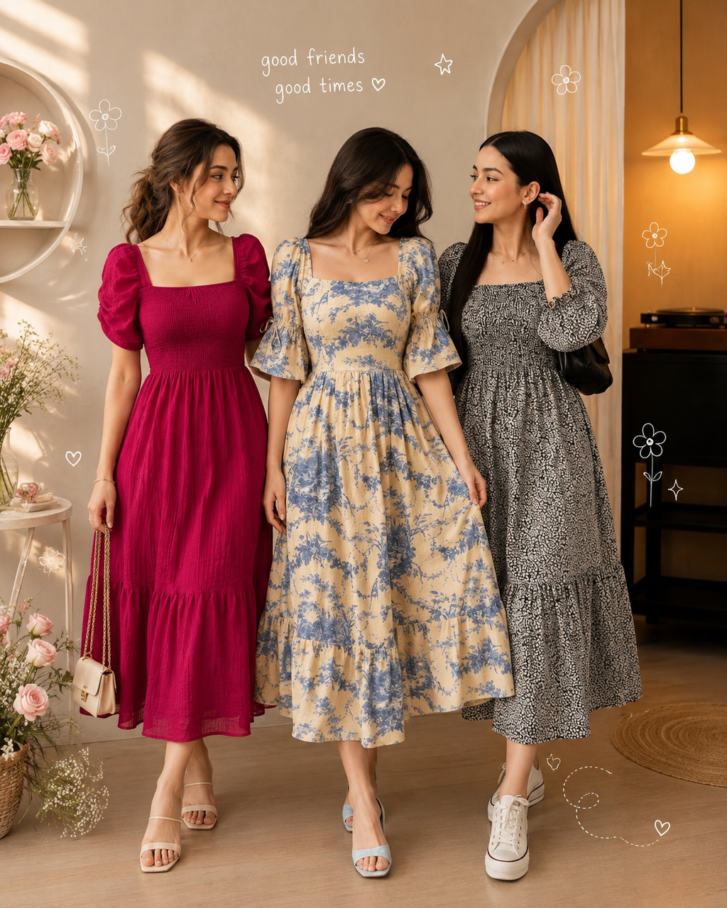 Elegant Best Friends 3-Piece Midi Dress Combo – Chic Floral & Solid Styles for Women