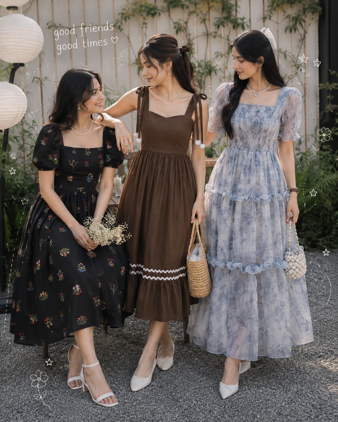 Women’s Floral Midi Dress 3-Piece Combo – Black, Brown & Powder Blue | Korean Aesthetic Collection