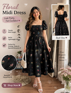 Women’s Floral Midi Dress 3-Piece Combo – Black, Brown & Powder Blue | Korean Aesthetic Collection