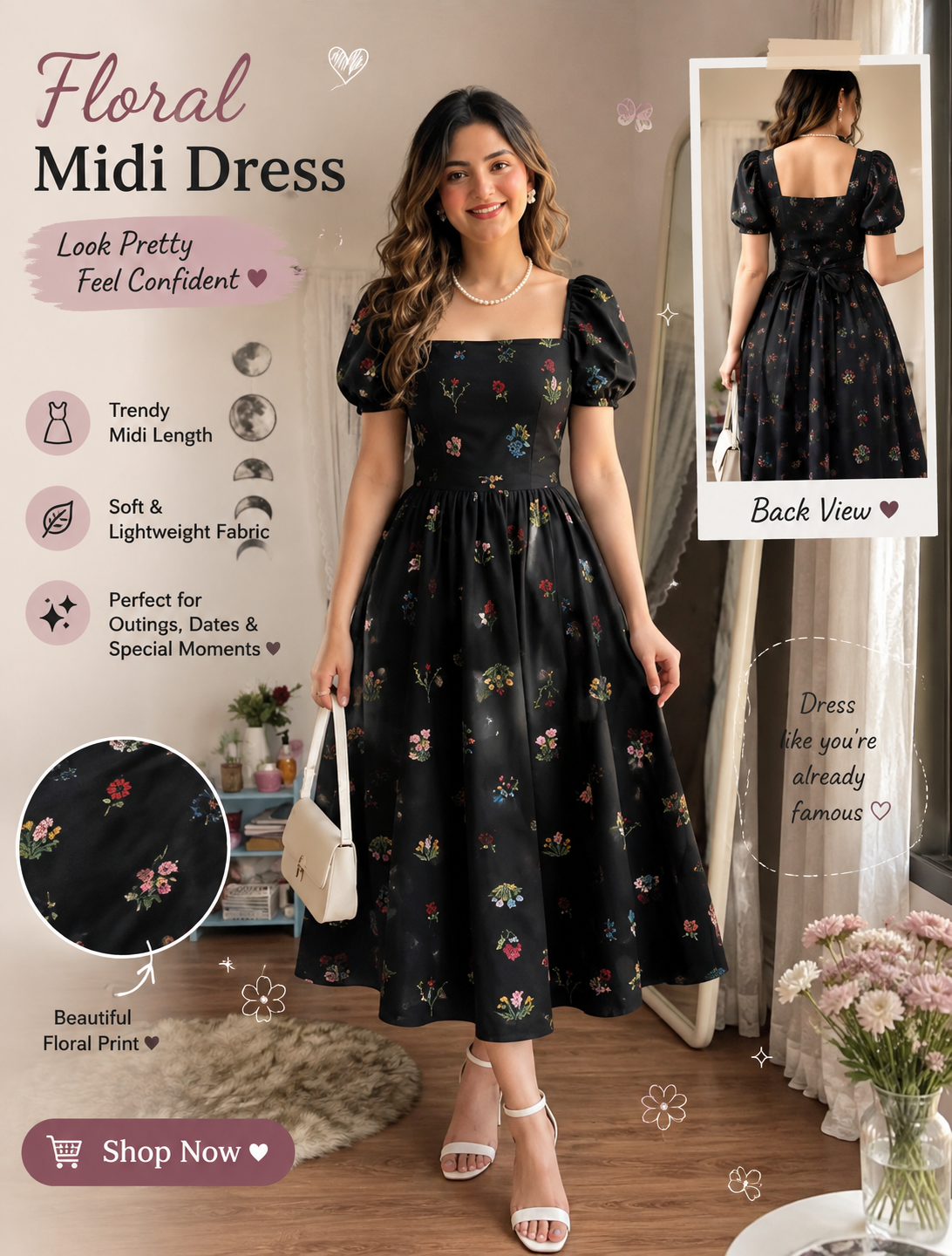 Women’s Floral Midi Dress 3-Piece Combo – Black, Brown & Powder Blue | Korean Aesthetic Collection