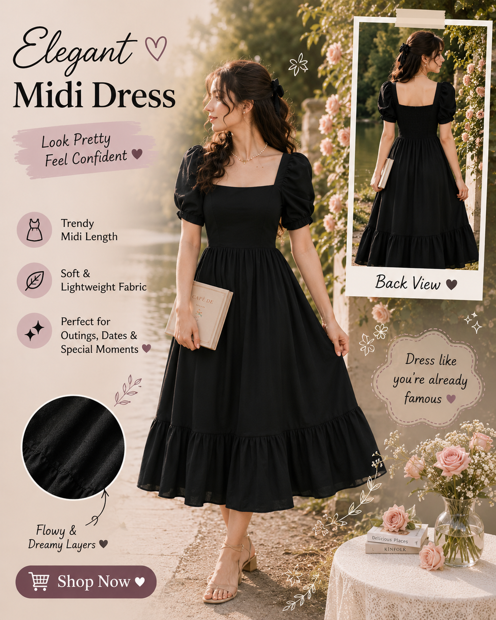 Chic Puff Sleeve Midi Dress – Elegant Casual Wear for Women