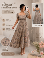 Chic Puff Sleeve Midi Dress – Elegant Casual Wear for Women