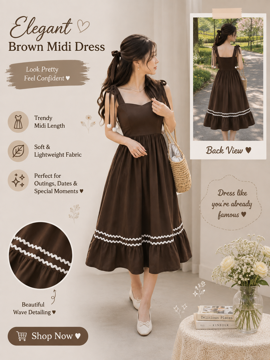 Women’s Floral Midi Dress 3-Piece Combo – Black, Brown & Powder Blue | Korean Aesthetic Collection