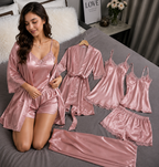Luxury 6-Piece Satin Nightwear Set with Lace Trim – Robe, Nighty, Camisole, Shorts & Pyjama