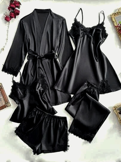 🖤 Premium Black Satin 5-Piece Nightwear Set with Lace Trim