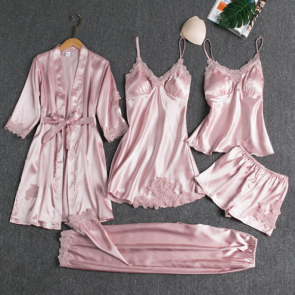 Luxury 6-Piece Satin Nightwear Set with Lace Trim – Robe, Nighty, Camisole, Shorts & Pyjama