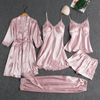Luxury 6-Piece Satin Nightwear Set with Lace Trim – Robe, Nighty, Camisole, Shorts & Pyjama