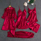 Luxury 6-Piece Satin Nightwear Set with Lace Trim – Robe, Nighty, Camisole, Shorts & Pyjama