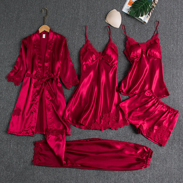 Luxury 6-Piece Satin Nightwear Set with Lace Trim – Robe, Nighty, Camisole, Shorts & Pyjama