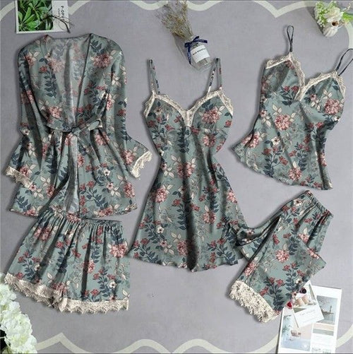 5-Piece Elegant Floral Satin Nightwear Set for Women