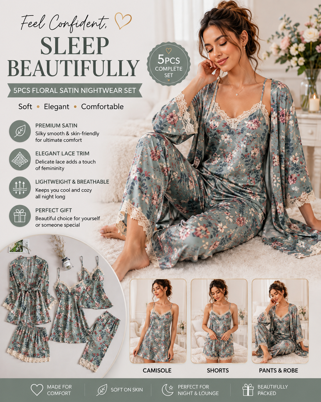 5-Piece Elegant Floral Satin Nightwear Set for Women