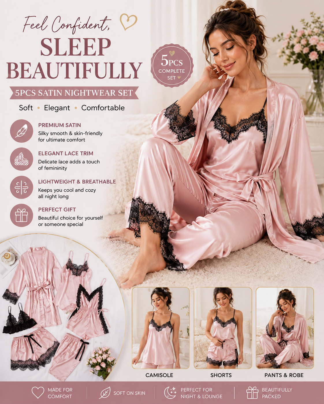 Premium Pink Satin 5-Piece Nightwear Set with Lace Trim