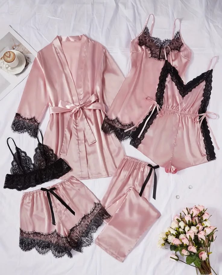 Premium Pink Satin 5-Piece Nightwear Set with Lace Trim