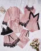 Premium Pink Satin 5-Piece Nightwear Set with Lace Trim